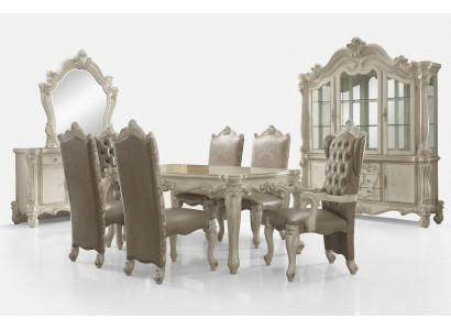 Juego de comedor blanco de diseñador: mesa de comedor, sillas, cómoda y espejo.