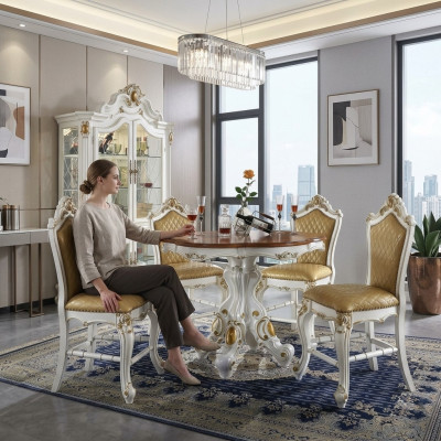 Mesa de comedor redonda + 4 sillas conjunto decorativo de sillas conjunto de mesa de comedor de madera.
