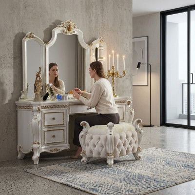 Muebles barrocos tallados mesa de tocador taburete espejo decorativo dormitorio