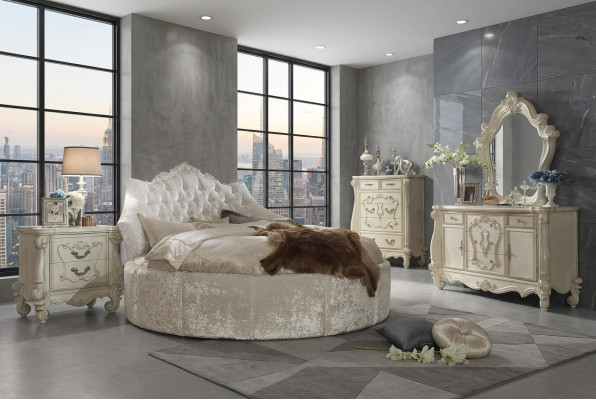 Cama redonda de terciopelo Chesterfield de lujo acolchada con tela textil para hoteles.