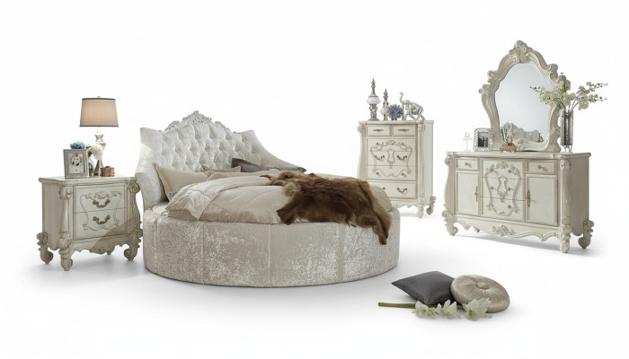 Cama redonda de terciopelo Chesterfield de lujo acolchada con tela textil para hoteles.