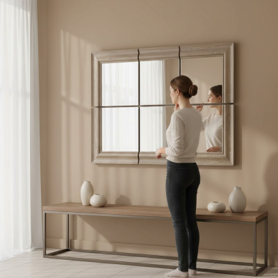 Espejo de pared grande y moderno con marco de madera auténtica, espejo colgante nuevo 146x105cm.