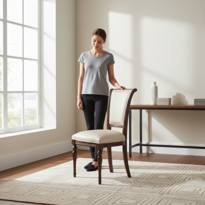 Diseño clásico de silla de madera genuina del diseñador con respaldo acolchado para comedor y sala de estar, nuevo.