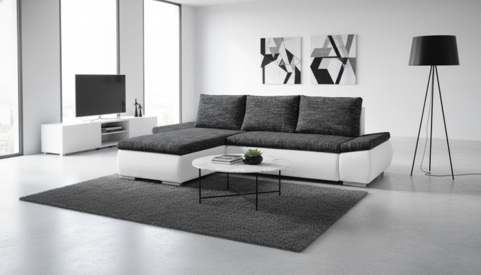 Diseño de sofá esquinero moderno en forma de L con función de cama, sofá de cuero y tela nuevos.