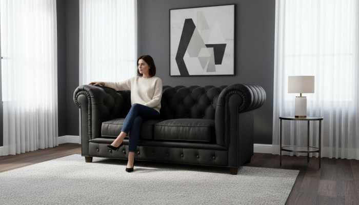 Diseño Sofá Chesterfield de 2 plazas Sofá Tapizado de Cuero Sofás de Sala de Estar