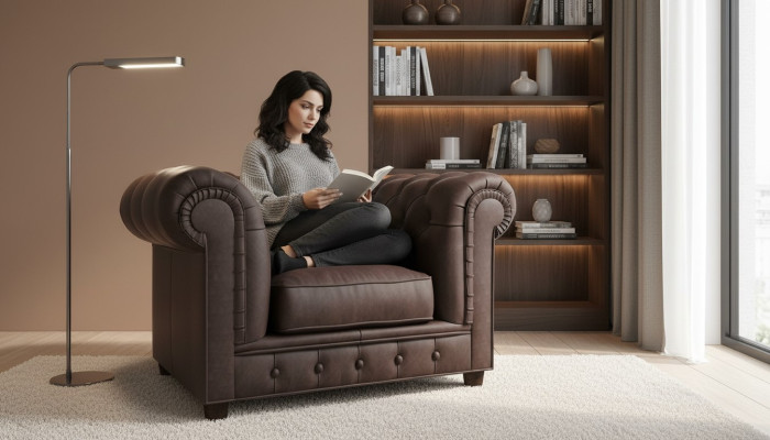 Sillón de sala de estar Club Lounge en tela de cuero de diseño elegante Chesterfield.