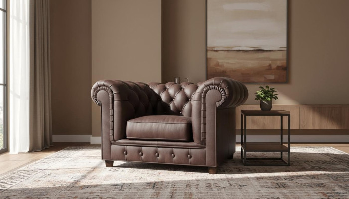 Sillón de sala de estar Club Lounge en tela de cuero de diseño elegante Chesterfield.