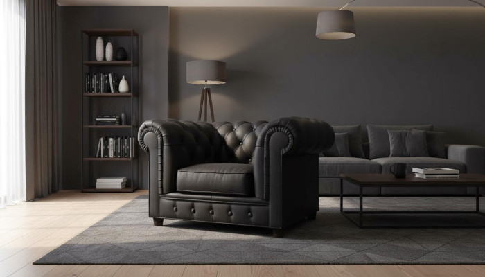 Elegante sillón Chesterfield de diseño tapizado en tela para sala de estar, lounge, club.