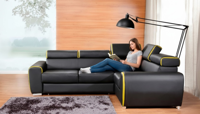 Diseño de sofá esquinero en forma de L con función de cama, sofá de cuero y tela.
