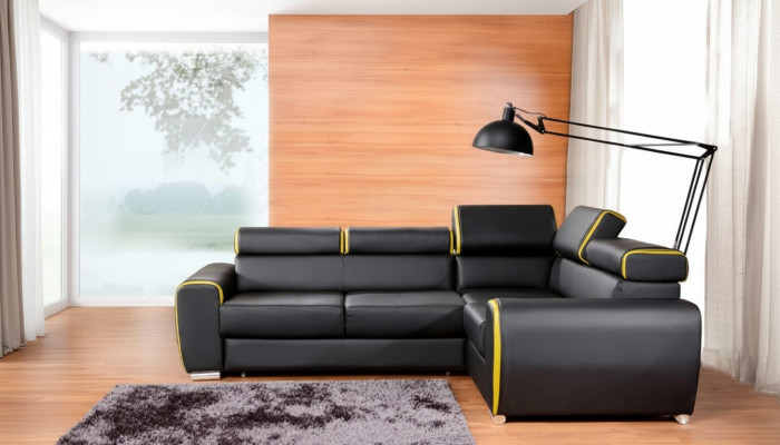 Diseño de sofá esquinero en forma de L con función de cama, sofá de cuero y tela.