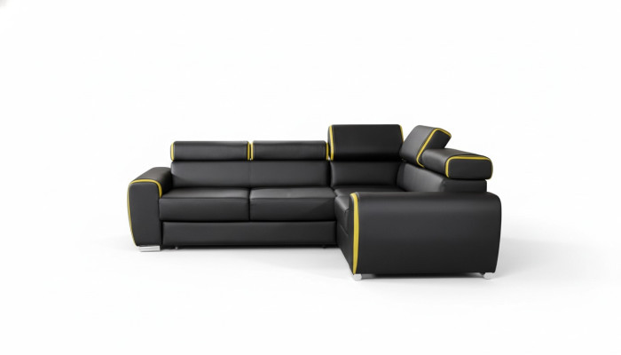 Diseño de sofá esquinero en forma de L con función de cama, sofá de cuero y tela.