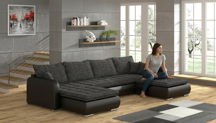 Diseño sofá esquinero en forma de U con función de cama, sofá de cuero y tela nuevo paisaje de salón.