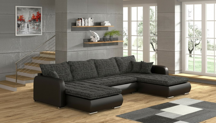 Diseño sofá esquinero en forma de U con función de cama, sofá de cuero y tela nuevo paisaje de salón.