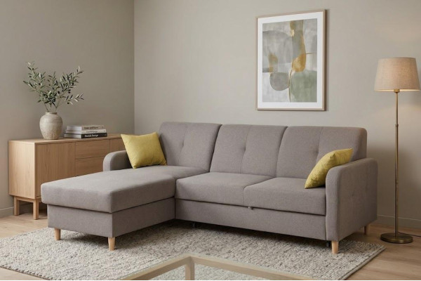 Sofá esquinero en forma de L, sofá, diseño de sofá, moderno, tapizado, función de cama, tela gris.
