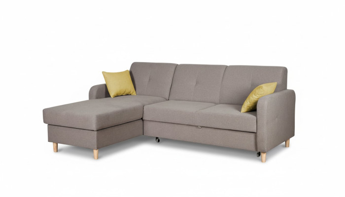Sofá esquinero en forma de L, sofá, diseño de sofá, moderno, tapizado, función de cama, tela gris.