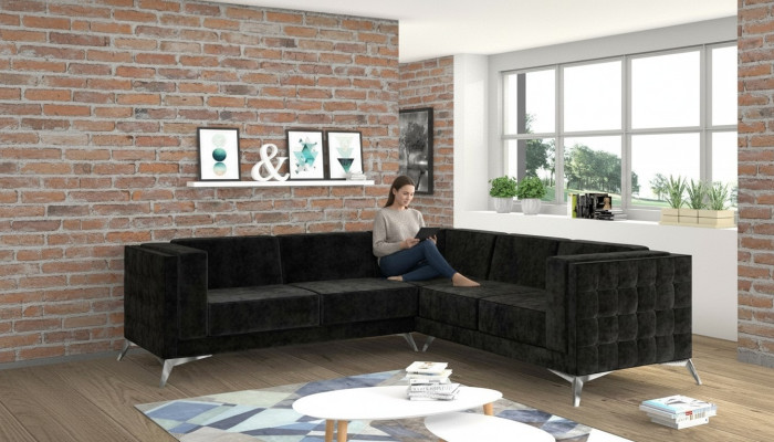 Sofá esquinero de diseño de terciopelo negro Chesterfield Chesterfield Sofá Sofá paisaje doméstico de tela