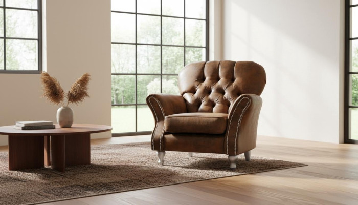 Diseño de sillón de 1 plaza en textil marrón de lujo para salón de club, sofá tipo Chesterfield para televisión.