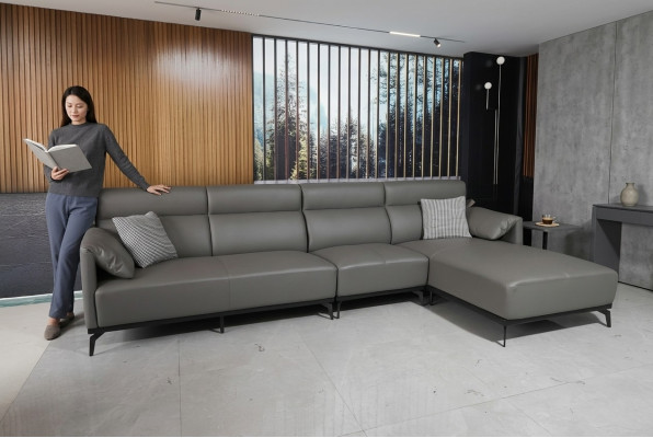 Sofá esquinero de forma L, conjunto de sofás para salón con esquina acolchada, sofá gris de cuero.