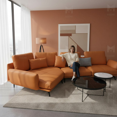 Sofá esquinero en forma de L de color naranja, conjunto de sofá de esquina acolchado de cuero.