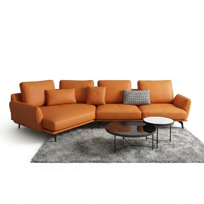 Sofá esquinero en forma de L de color naranja, conjunto de sofá de esquina acolchado de cuero.