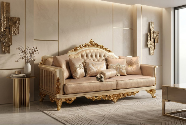 Sofá de 3 plazas de tela, conjunto completo de sofá y sillón de madera Chesterfield.