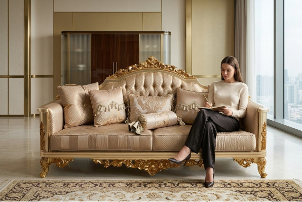 Conjunto de sofás Chesterfield 3+1+1 Grupo completo Juego de sillones Sofá Textil dorado