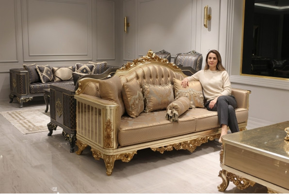 Sofá de lujo de 3 plazas, sofá textil dorado, mueble de diseño 3 plazas Chesterfield, nuevo tapizado.