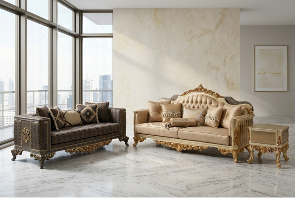 Sofá de lujo de 3 plazas, sofá textil dorado, mueble de diseño 3 plazas Chesterfield, nuevo tapizado.