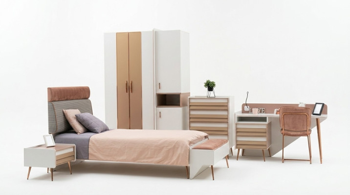 Conjunto de habitación juvenil completo para niños armario cómoda escritorio de 6 piezas.