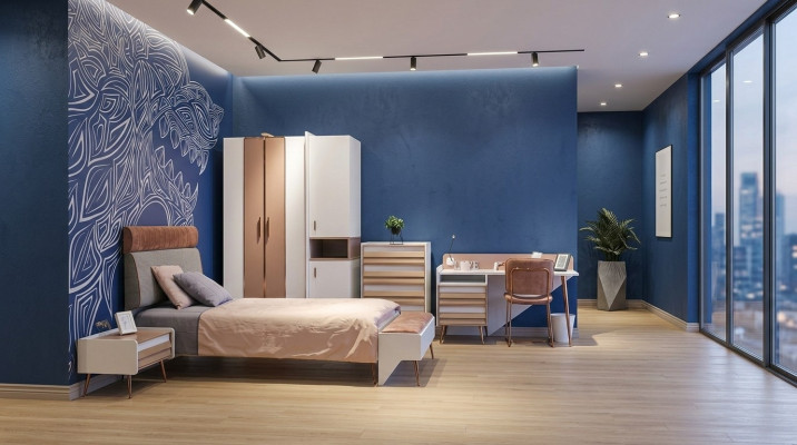 Juego de habitación infantil Cama + Mesita de noche + Banco Juego moderno de cama 3 piezas. Banco Completo