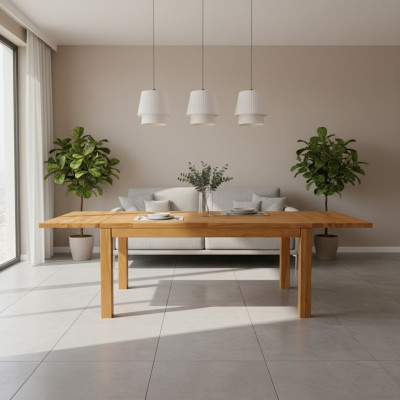 Comedor. Mesa de reuniones de madera hecha a mano. Mesa de comedor de madera maciza.
