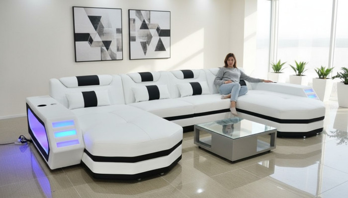 Sofá de cuero Sofá Moderno Tapizado de cuero Sala de estar Diseño Sofá de esquina Blanco