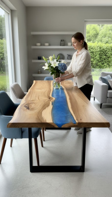 Mesa de comedor mesas de resina epoxi, mesa de resina epoxi de madera maciza de agua cascada muebles reales.