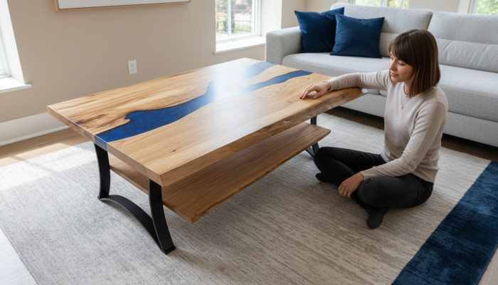 Mesa de centro River Table de madera real, mesa de resina epoxi maciza.
