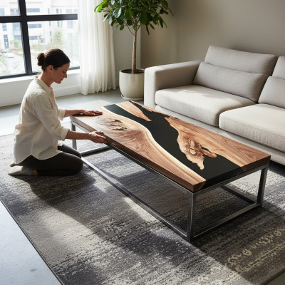 Resina epoxi mesa de río madera real negro agua mesa de resina epoxi muebles macizos