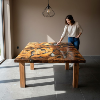 Epoxi fino de mesa de resina de madera maciza real, mesa de resina epoxi en cascada de 100x100.