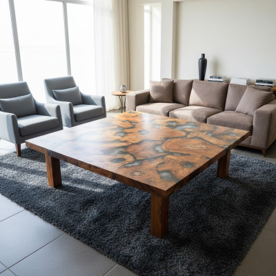 Epoxi fino de mesa de resina de madera maciza real, mesa de resina epoxi en cascada de 100x100.