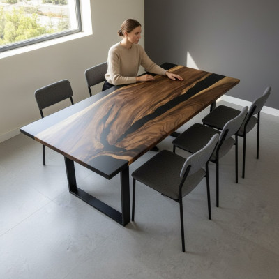 Mesa de comedor Black River Table de madera real 220x95 Mesas de resina epoxi Nueva