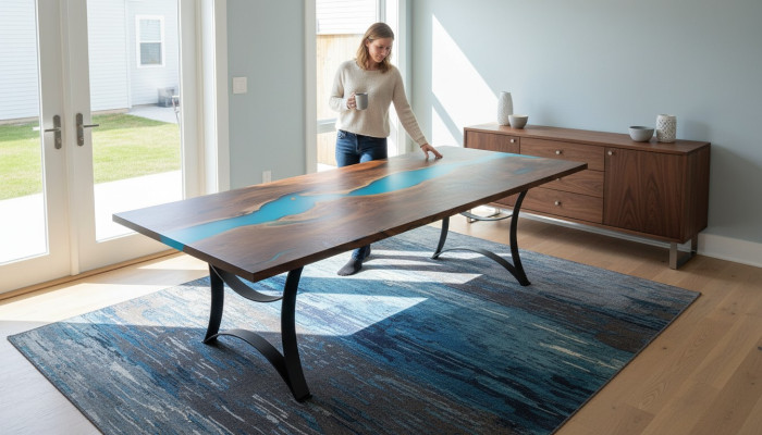 Mesa de comedor de resina de epoxi, madera maciza de epoxi, muebles masivos, mesa de epoxi, nueva de agua.