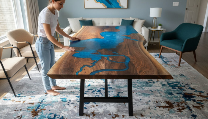 Mesa de resina epoxi de cascada, mesa de resina epoxi de madera real, muebles macizos de madera, mesa de resina epoxi nueva.