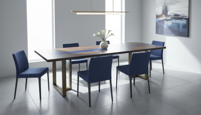 Mesa de resina epoxi, mesa de comedor de madera real, muebles macizos de resina epoxi de cascada de agua