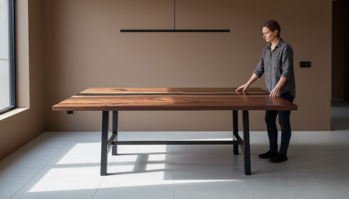 Mesa de comedor de resina epoxi de madera real, muebles macizos de mesa de epoxy nuevo.