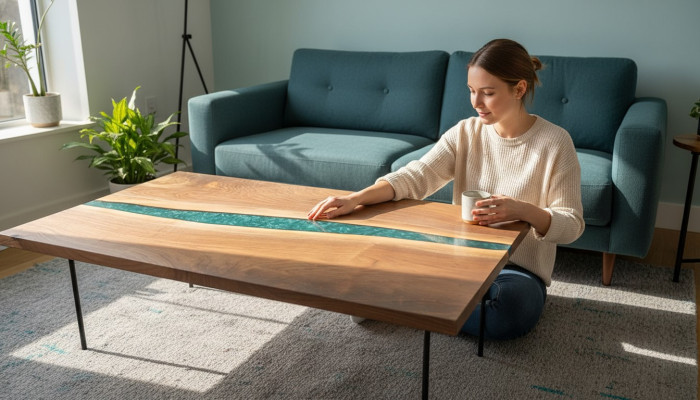 Madera real resina epoxi Mesa de río mesa de agua negra muebles de resina epoxi maciza.