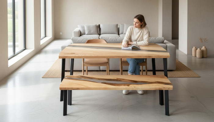 Epoxi resina Mesa Banco 2 piezas. Set Madera real Mesa grupo de mesas de cascada río Nuevo