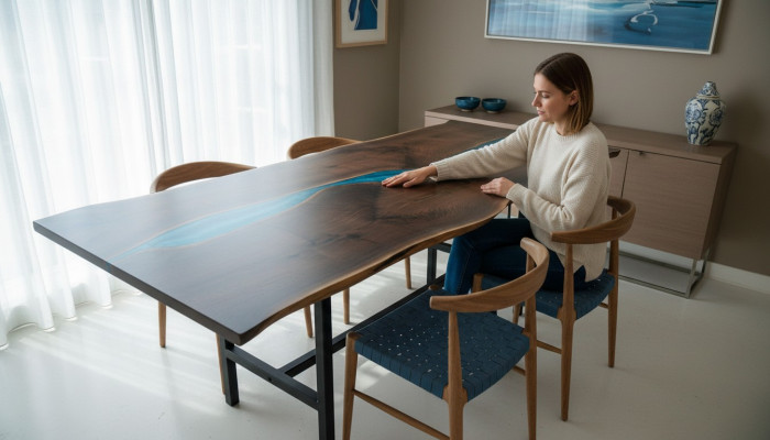 Mesa de la cascada de madera real, mesas de epoxi, mesa de resina de madera maciza con resina epoxi.