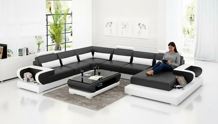 Sofá esquinero con tapizado en forma de U, moderna mesa de centro, sofá de estilo contemporáneo, nuevo conjunto de sala de estar.