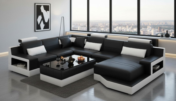 Sofá de cuero, sofá en forma de U, sofá de diseño de salón moderno, mesa de centro.