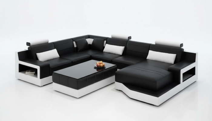 Sofá de cuero, sofá en forma de U, sofá de diseño de salón moderno, mesa de centro.