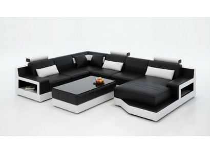Sofá de cuero, sofá en forma de U, sofá de diseño de salón moderno, mesa de centro.