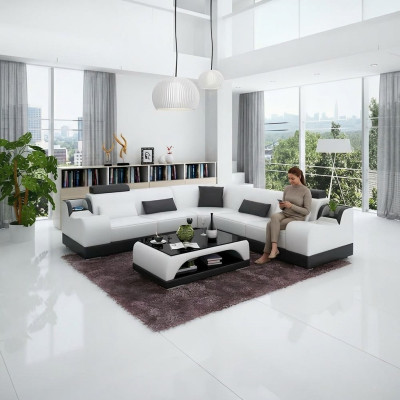 Sofá de esquina diseño moderno, muebles de sala de estar, sofá de esquina acolchado de cuero.